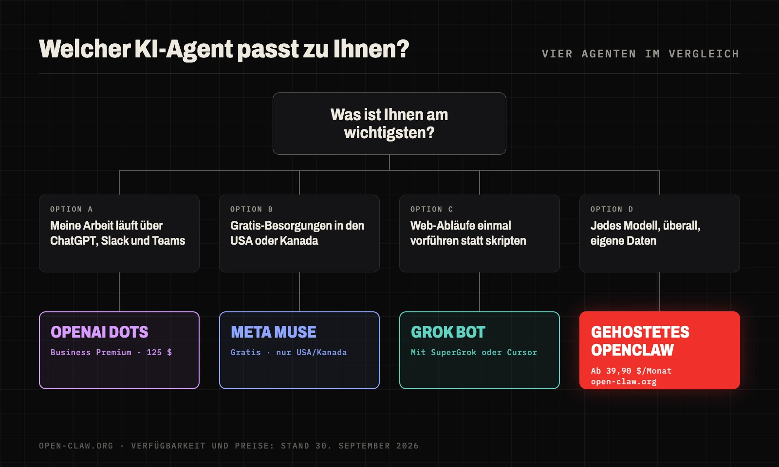Entscheidungshilfe: Arbeit in ChatGPT, Slack und Teams – OpenAI Dots; kostenlose Besorgungen in den USA oder Kanada – Meta Muse; Web-Abläufe einmal vorführen – Grok Bot; freie Modellwahl, überall, eigene Daten – gehostetes OpenClaw