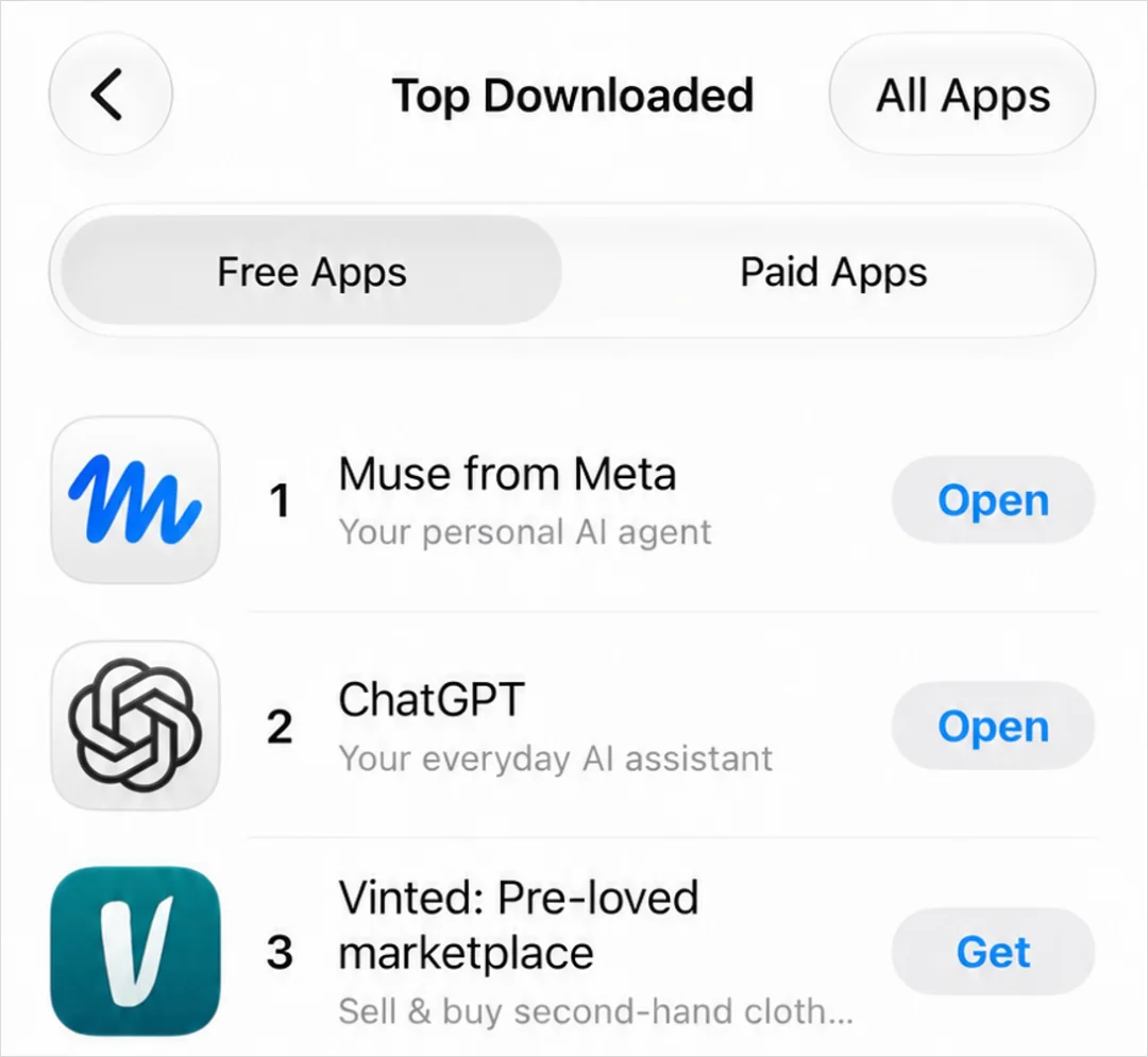 Топ бесплатных приложений американского App Store: Muse от Meta на первом месте, ChatGPT — на втором